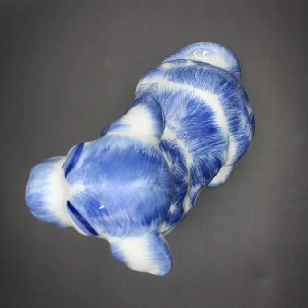 Vintage Blue White Ceramic Dog Figurine Glossy Glaze Cocker Basset Animal Decor